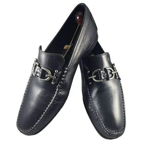 Donald Pliner Mens Decio Slip -On Black Leather Loafers With Metal Bit Detail Si