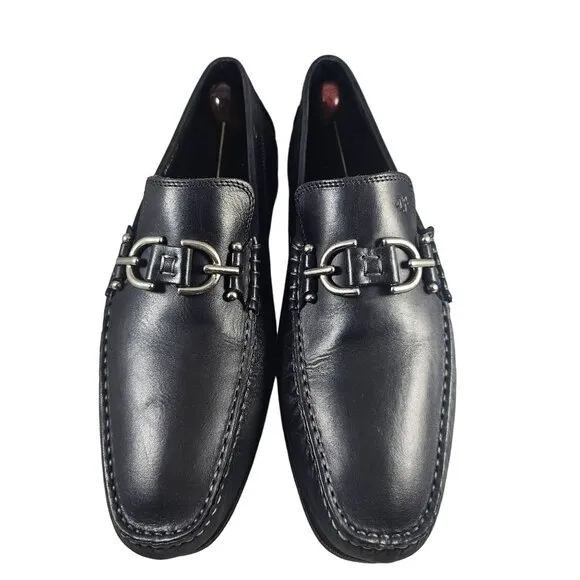 Donald Pliner Mens Decio Slip -On Black Leather Loafers With Metal Bit Detail Si