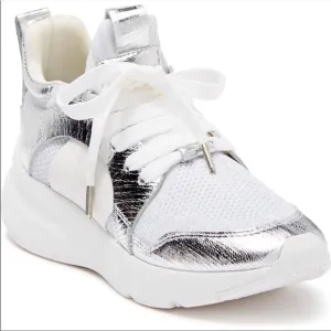Donna Karen Metallic Silver &amp; White Leather High Top Fashion Sneakers