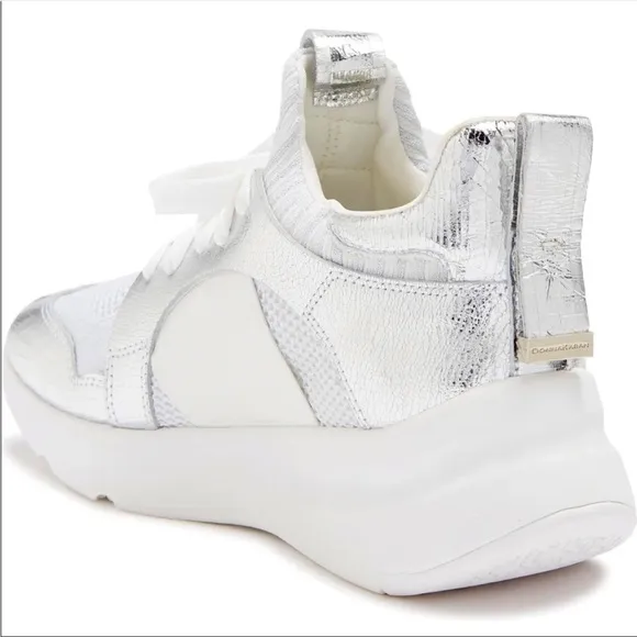 Donna Karen Metallic Silver &amp; White Leather High Top Fashion Sneakers