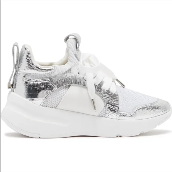 Donna Karen Metallic Silver &amp; White Leather High Top Fashion Sneakers