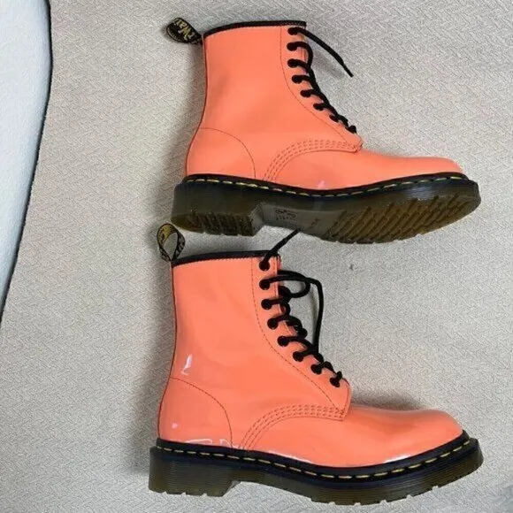 Dr. Martens 1460 Women Patent Leather Combat Boot Size 7 Coral  Lace-Up Platform