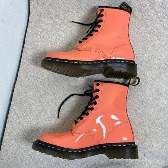 Dr. Martens 1460 Women Patent Leather Combat Boot Size 7 Coral  Lace-Up Platform