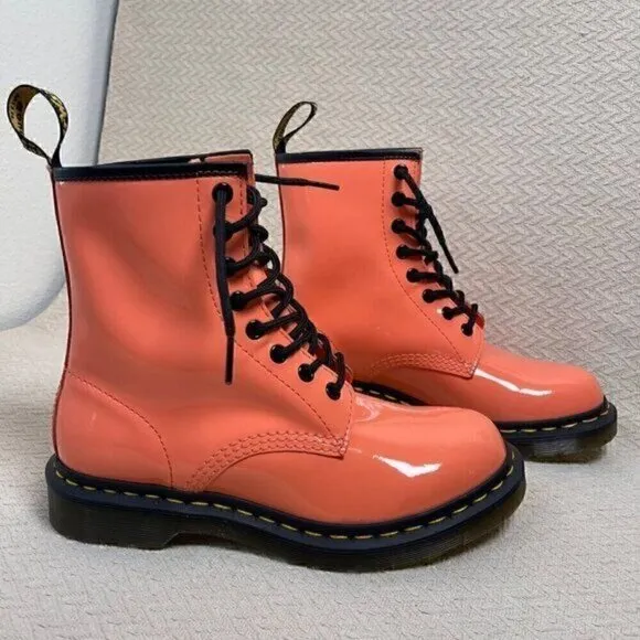 Dr. Martens 1460 Women Patent Leather Combat Boot Size 7 Coral  Lace-Up Platform