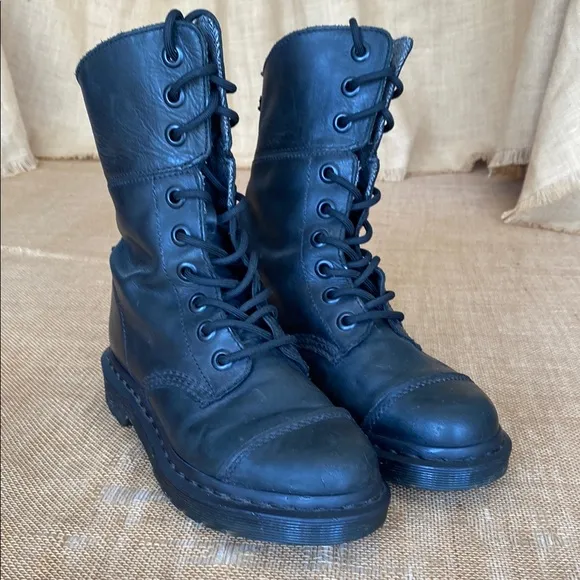 Dr Martens Aimilita Black Leather 9 Eye Fold over Combat Boots