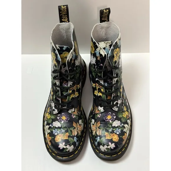 Dr. Martens, Pascal Black Leather Floral Boots, Multicolor Flowers, US8