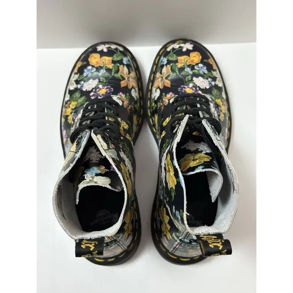 Dr. Martens, Pascal Black Leather Floral Boots, Multicolor Flowers, US8