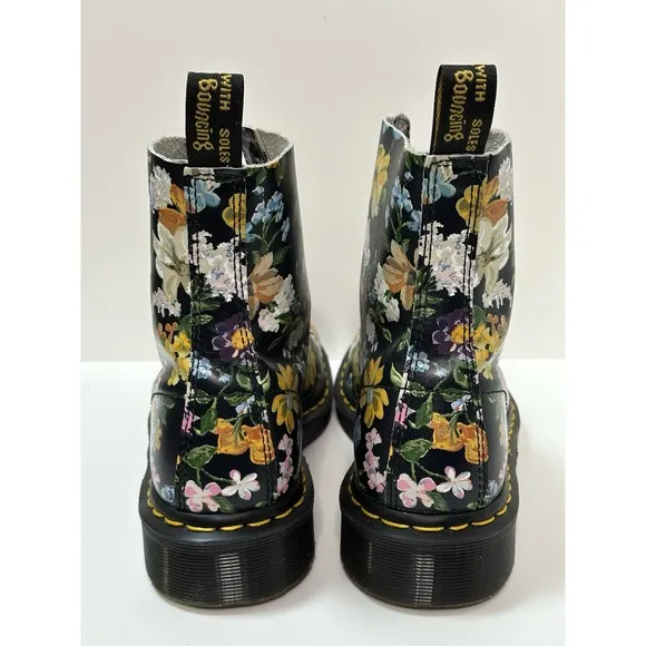 Dr. Martens, Pascal Black Leather Floral Boots, Multicolor Flowers, US8