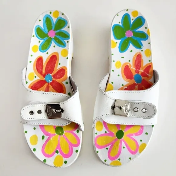 Dr. Scholl's Painted Flowers Wood Sandals W/ White Uppers Made In Italy, Size 10