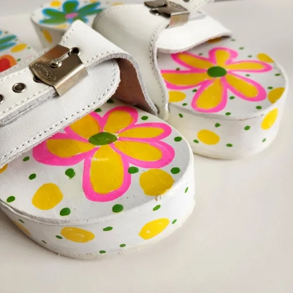Dr. Scholl's Painted Flowers Wood Sandals W/ White Uppers Made In Italy, Size 10