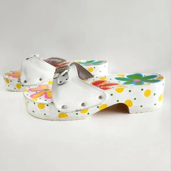 Dr. Scholl's Painted Flowers Wood Sandals W/ White Uppers Made In Italy, Size 10