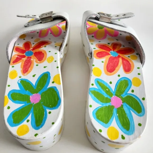Dr. Scholl's Painted Flowers Wood Sandals W/ White Uppers Made In Italy, Size 10