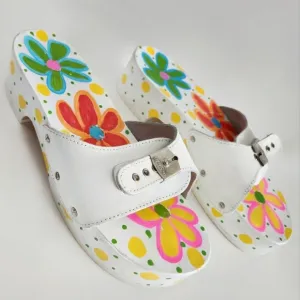 Dr. Scholl's Painted Flowers Wood Sandals W/ White Uppers Made In Italy, Size 10