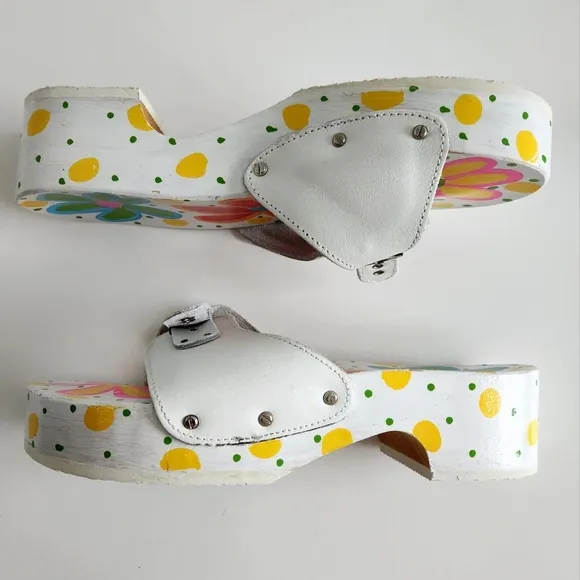 Dr. Scholl's Painted Flowers Wood Sandals W/ White Uppers Made In Italy, Size 10