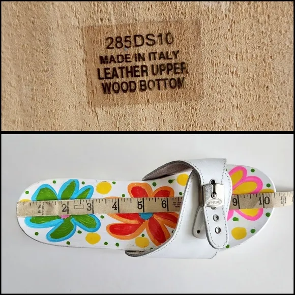 Dr. Scholl's Painted Flowers Wood Sandals W/ White Uppers Made In Italy, Size 10