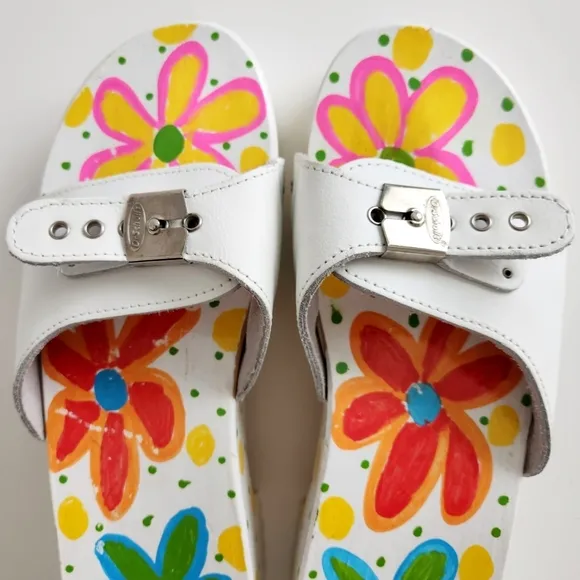 Dr. Scholl's Painted Flowers Wood Sandals W/ White Uppers Made In Italy, Size 10