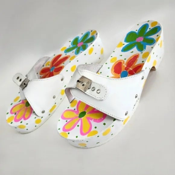 Dr. Scholl's Painted Flowers Wood Sandals W/ White Uppers Made In Italy, Size 10
