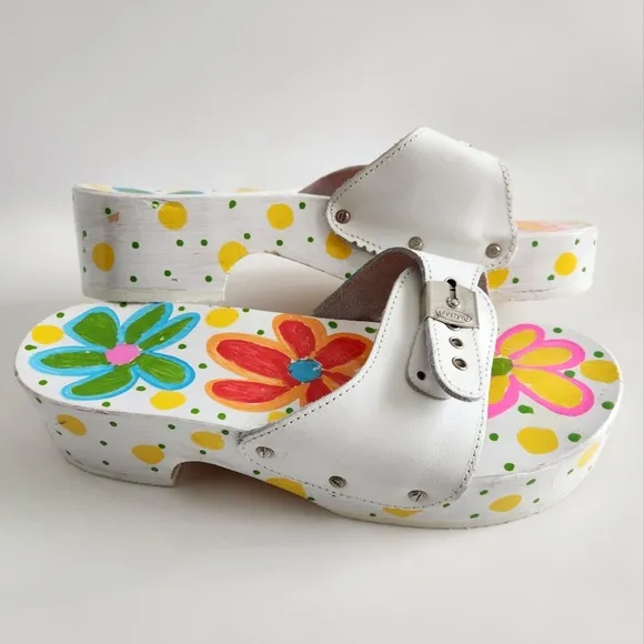 Dr. Scholl's Painted Flowers Wood Sandals W/ White Uppers Made In Italy, Size 10