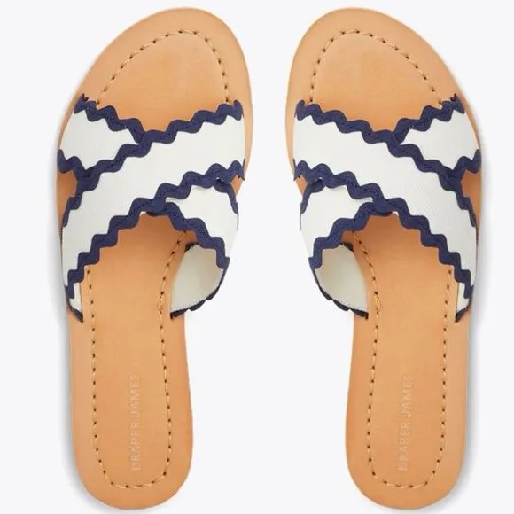 Draper James Colorblock Piper Flat Rick Rack Blue &amp; White Ric Rac Sandals. 7.5.