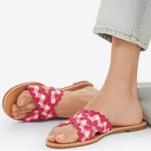 🆕Draper James Piper Flat Sandals Slides Raspberry Pink Gingham Ric Rac CLASSIC