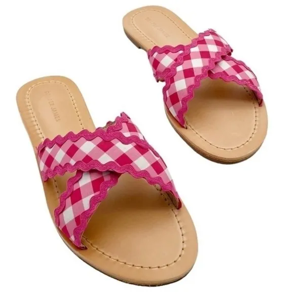 🆕Draper James Piper Flat Sandals Slides Raspberry Pink Gingham Ric Rac CLASSIC