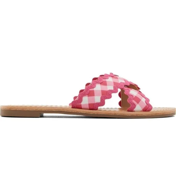 🆕Draper James Piper Flat Sandals Slides Raspberry Pink Gingham Ric Rac CLASSIC