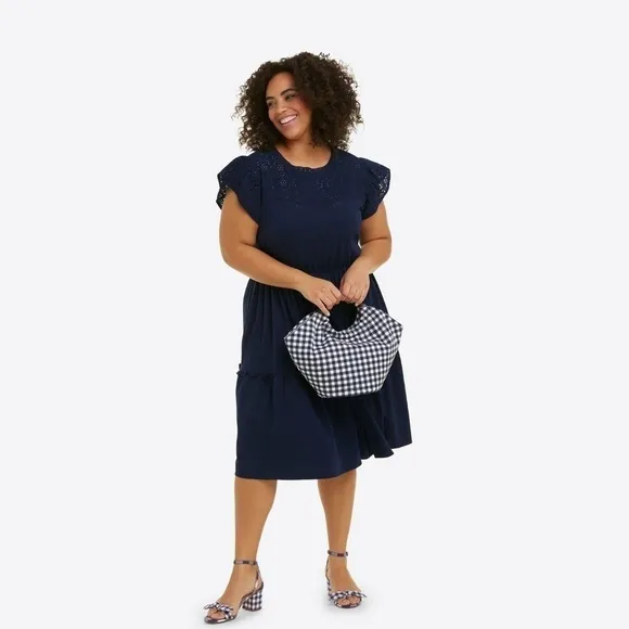 🆕Draper James Preston Block Heel Ankle Strap Sandals Nassau Navy White Gingham