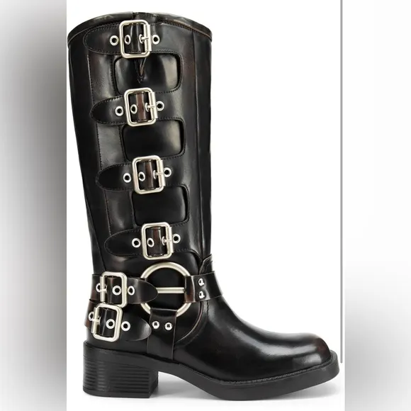 DREAM PAIRS Riding Boots Slip On Boots Square Toe Chunky Heel Buckles Biker Boot