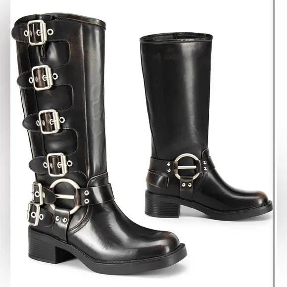 DREAM PAIRS Riding Boots Slip On Boots Square Toe Chunky Heel Buckles Biker Boot