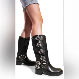 DREAM PAIRS Riding Boots Slip On Boots Square Toe Chunky Heel Buckles Biker Boot