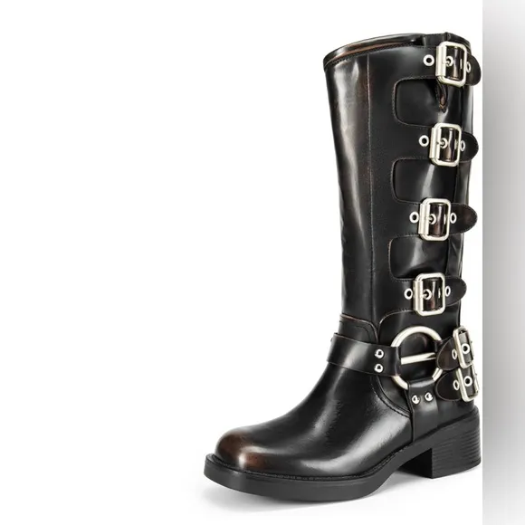 DREAM PAIRS Riding Boots Slip On Boots Square Toe Chunky Heel Buckles Biker Boot