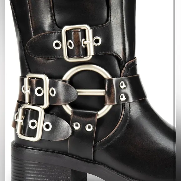 DREAM PAIRS Riding Boots Slip On Boots Square Toe Chunky Heel Buckles Biker Boot