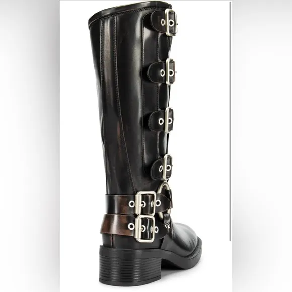 DREAM PAIRS Riding Boots Slip On Boots Square Toe Chunky Heel Buckles Biker Boot