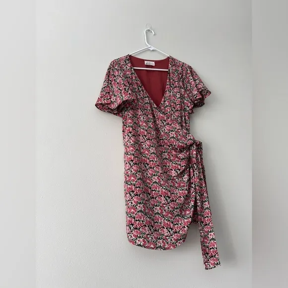 DRESS FORUM Floral-Print Satin Wrap Mini Dress