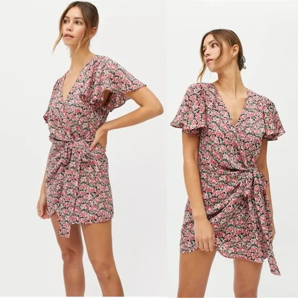 DRESS FORUM Floral-Print Satin Wrap Mini Dress