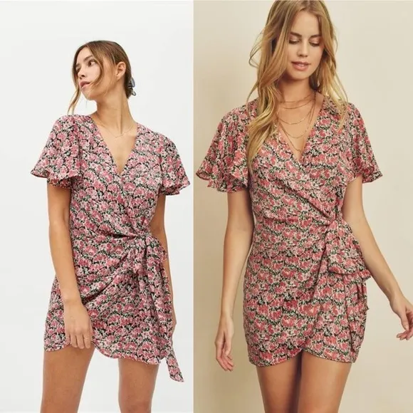 DRESS FORUM Floral-Print Satin Wrap Mini Dress