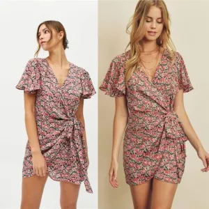 DRESS FORUM Floral-Print Satin Wrap Mini Dress