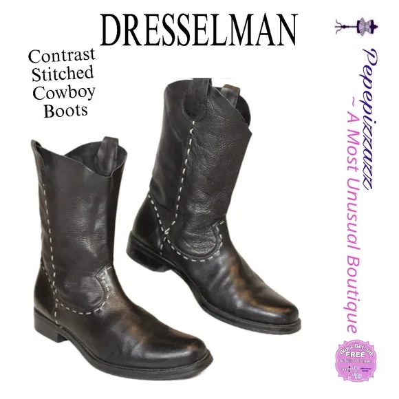 Dresselman Womens 39 9 Black Leather Top Stitched Western Cowboy Boots ♥️😍