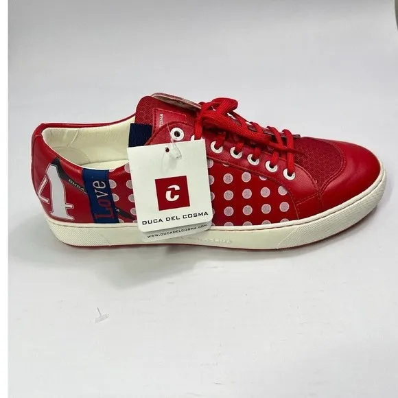 Duca Del Cosma Leather Sneakers Polka‎ Dot Casual Shoes Red White Size