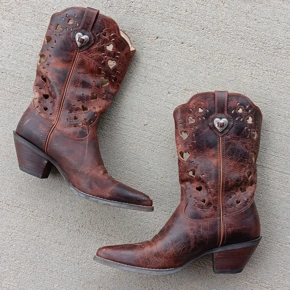 Durango Cowgirl Western Heart Cutout Brown Leather Boots Womens Sz 10