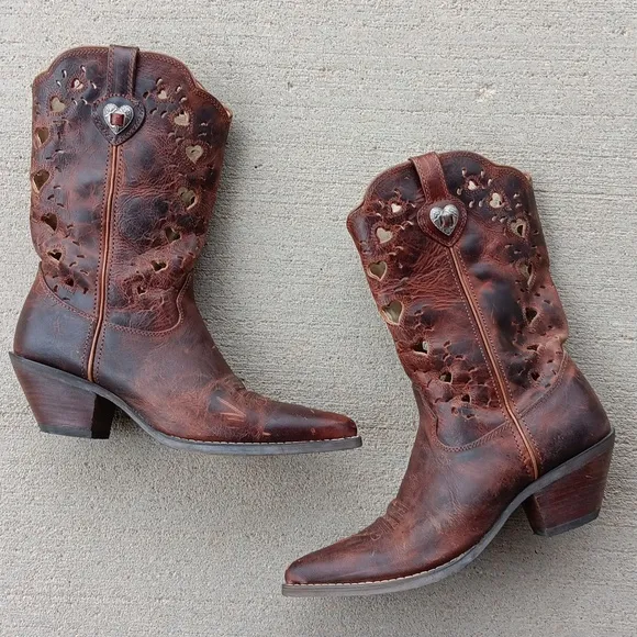 Durango Cowgirl Western Heart Cutout Brown Leather Boots Womens Sz 10