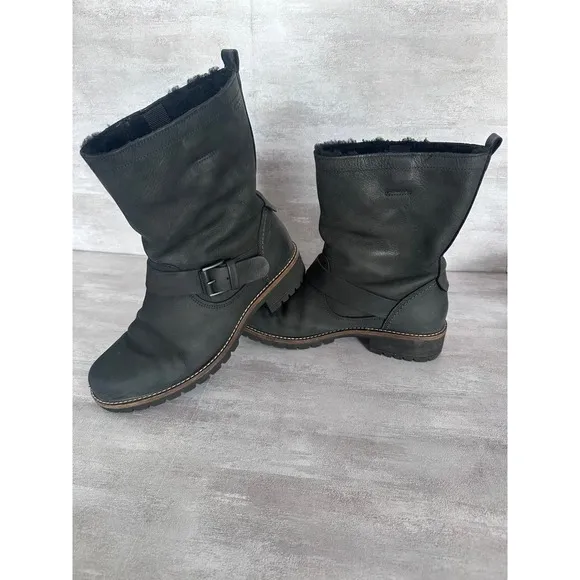 Ecco Leather Moto Boots Faux Fur Lined Buckle Detail Warm Winter Black