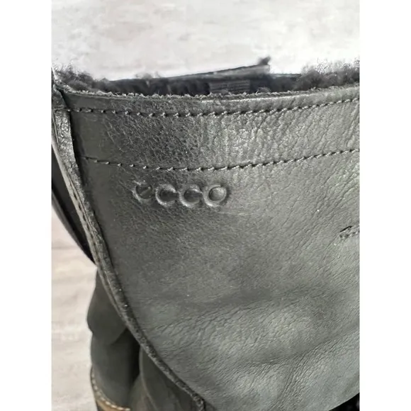 Ecco Leather Moto Boots Faux Fur Lined Buckle Detail Warm Winter Black