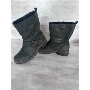 Ecco Leather Moto Boots Faux Fur Lined Buckle Detail Warm Winter Black