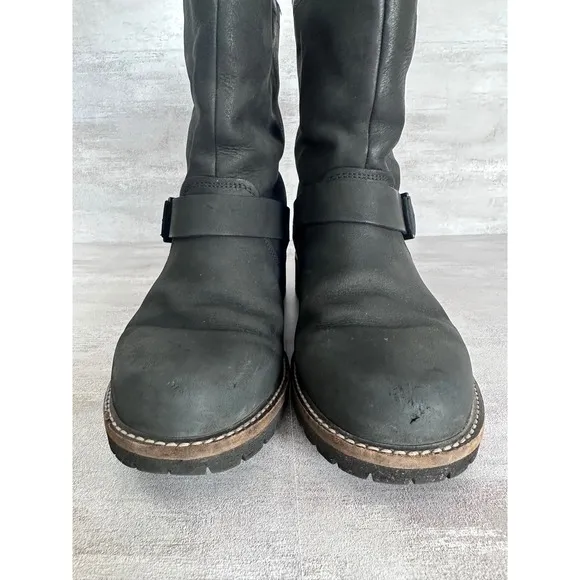 Ecco Leather Moto Boots Faux Fur Lined Buckle Detail Warm Winter Black