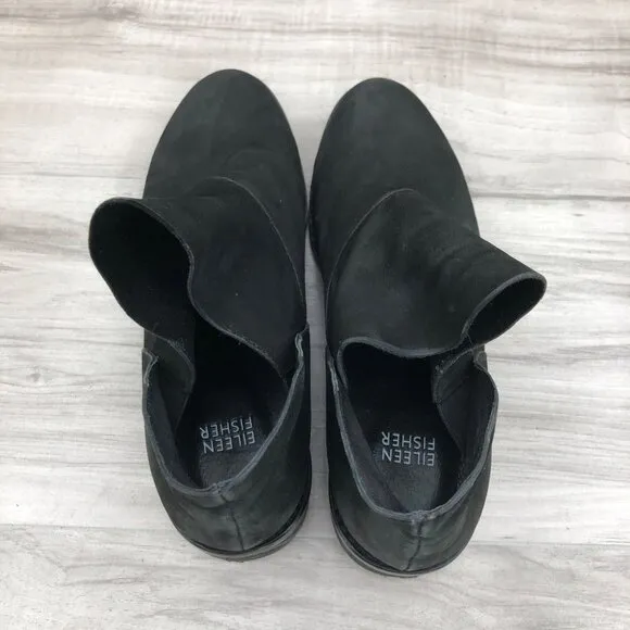 Eileen Fisher Ankle Boots Womens 9 Leaf Black Nubuck Leather Slip On Booties