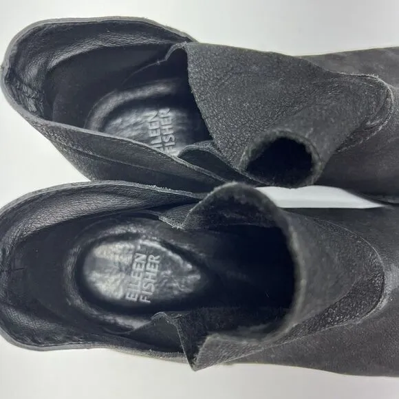 Eileen Fisher Boots Women 9 Black Nubuck Slip On Ankle Block Heel Booties Shoe