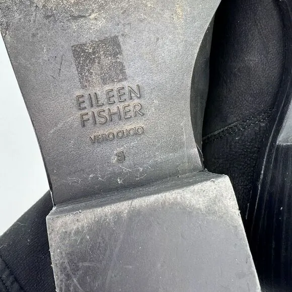 Eileen Fisher Boots Women 9 Black Nubuck Slip On Ankle Block Heel Booties Shoe