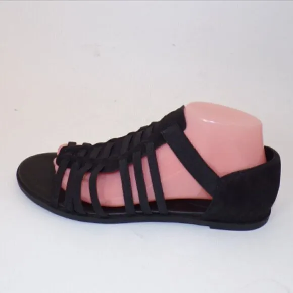 Eileen Fisher Rato Black Tumbled Nubuck &amp; Elastic Flat Sandals sz 7 NEW