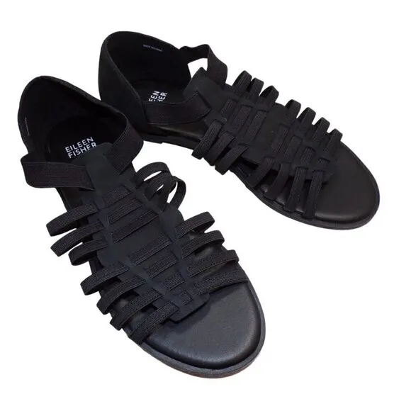 Eileen Fisher Rato Black Tumbled Nubuck &amp; Elastic Flat Sandals sz 7 NEW